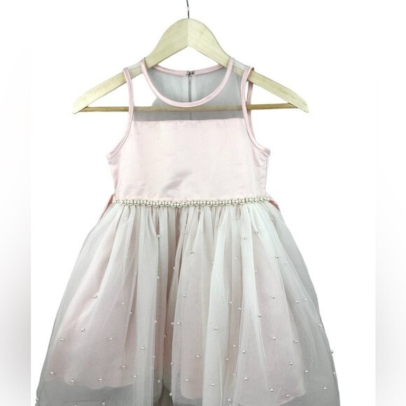 American Princess Kids Tulle High Low Layered Pink and White Dress Pearls Sz 7 - Picture 1 of 11